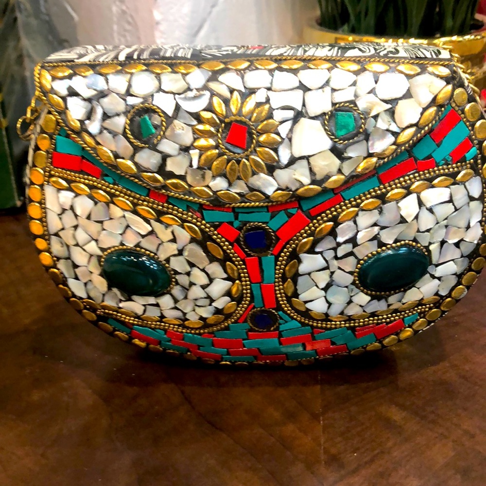 Hand crafted metal and stone clutch bag